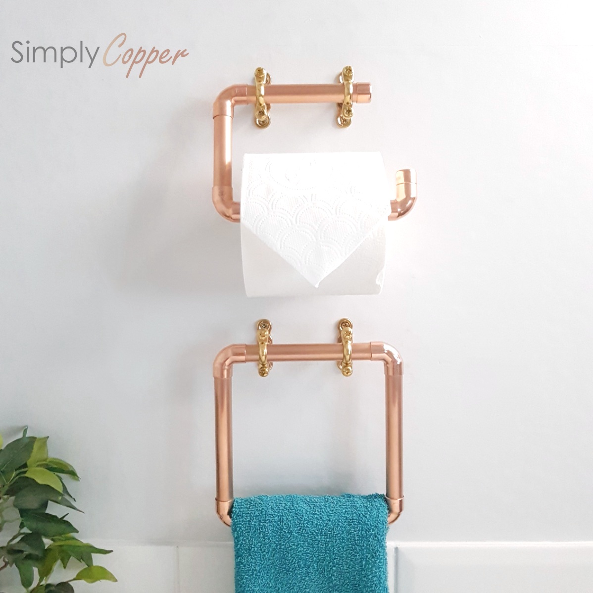 Copper Swivel Toilet Roll & Towel Holder Set with Brass Fixtures