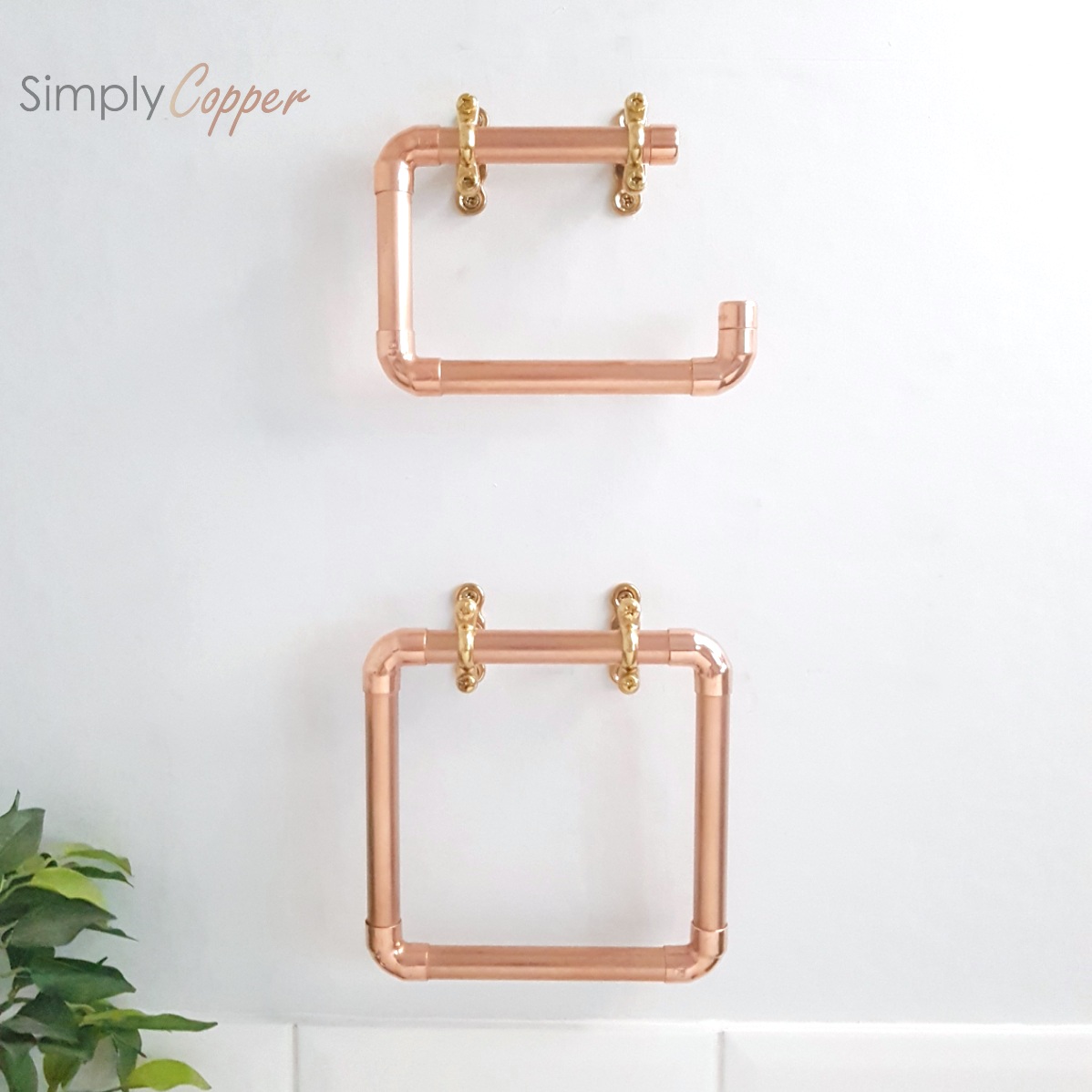 Copper Toilet Roll & Towel Holder Set with Brass Fixtures Simply